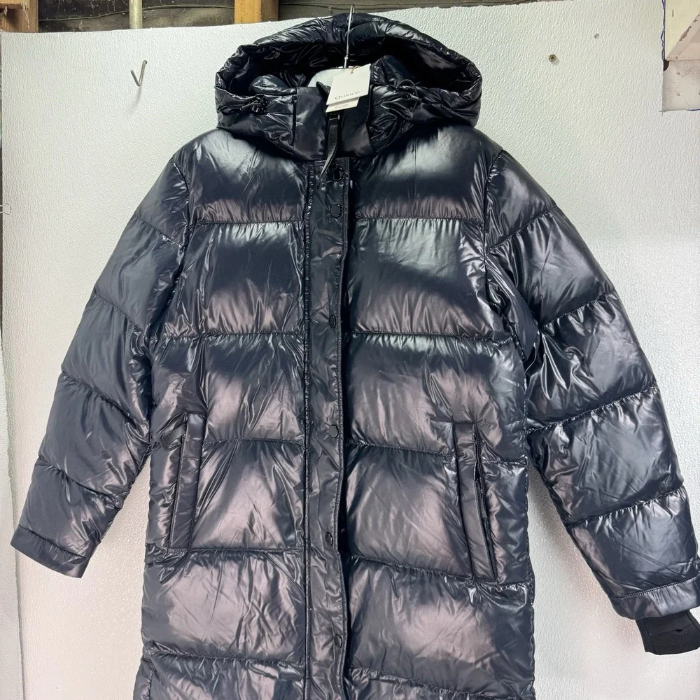 NWT Quince Women's Responsible Down Long Puffer Jacket Hooded Shiny Black Sz XS